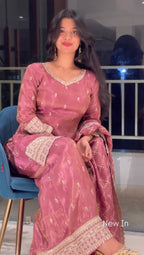 Prazu Fashion Peach Jimmi Silk Embroidered Sequence Work Palazzo Suit | Grocsy