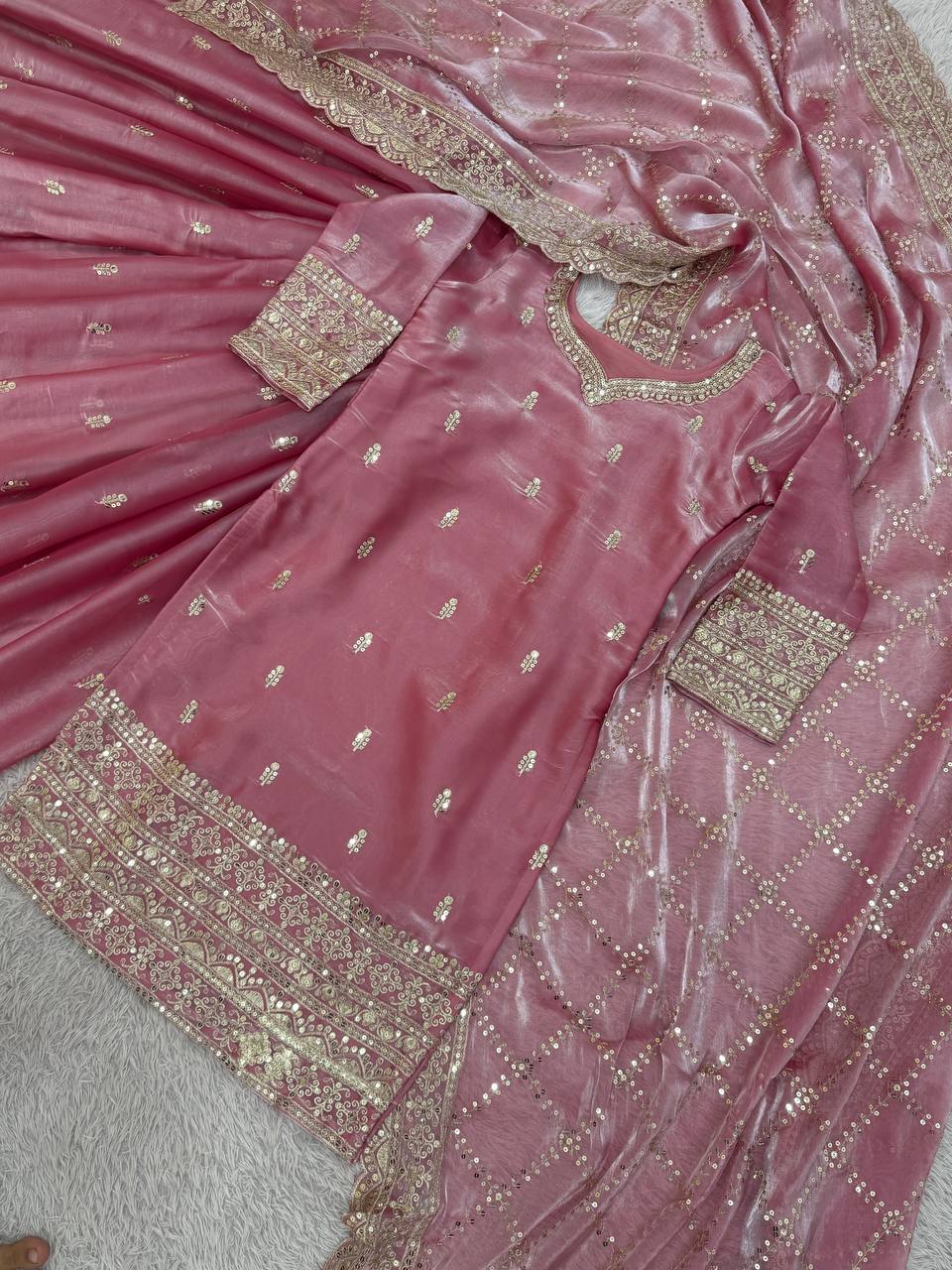 Prazu Fashion Peach Jimmi Silk Embroidered Sequence Work Palazzo Suit | Grocsy