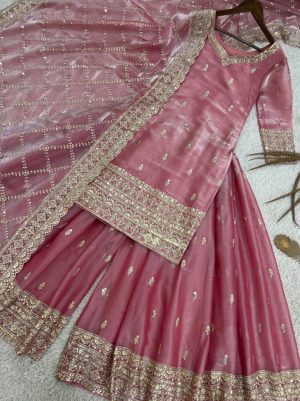 Prazu Fashion Peach Jimmi Silk Embroidered Sequence Work Palazzo Suit | Grocsy