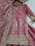 Prazu Fashion Peach Jimmi Silk Embroidered Sequence Work Palazzo Suit | Grocsy