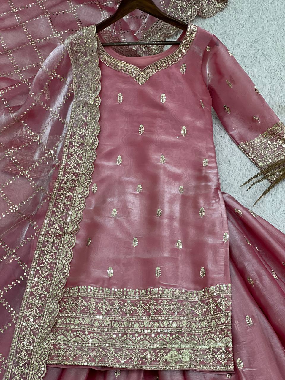Prazu Fashion Peach Jimmi Silk Embroidered Sequence Work Palazzo Suit | Grocsy