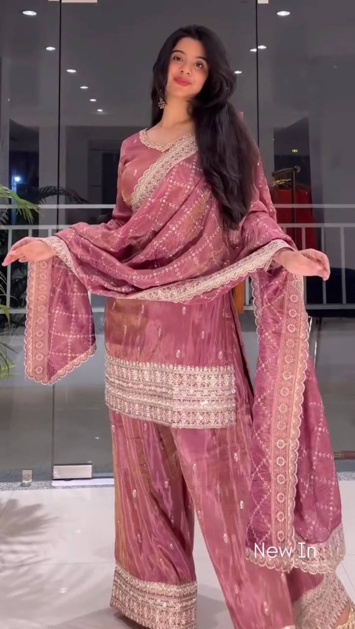 Prazu Fashion Peach Jimmi Silk Embroidered Sequence Work Palazzo Suit | Grocsy