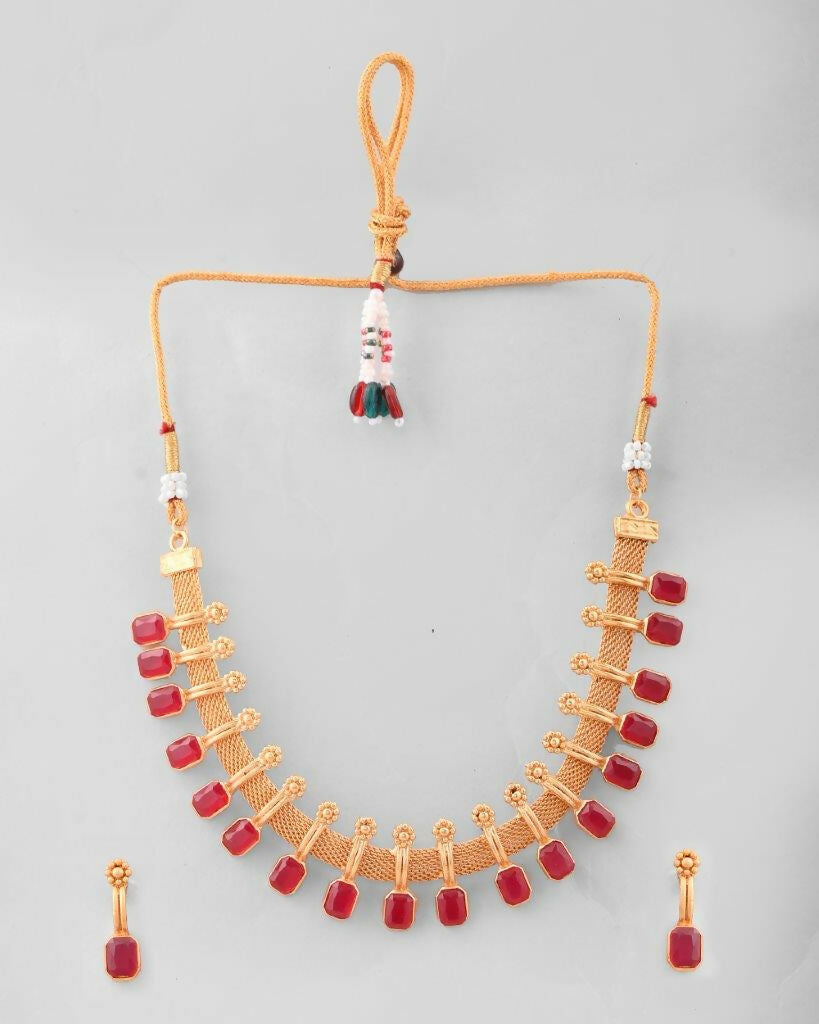 VOJ Gold-Polished Traditional Maroon Stone Studded Necklace And Earrings Set | Grocsy