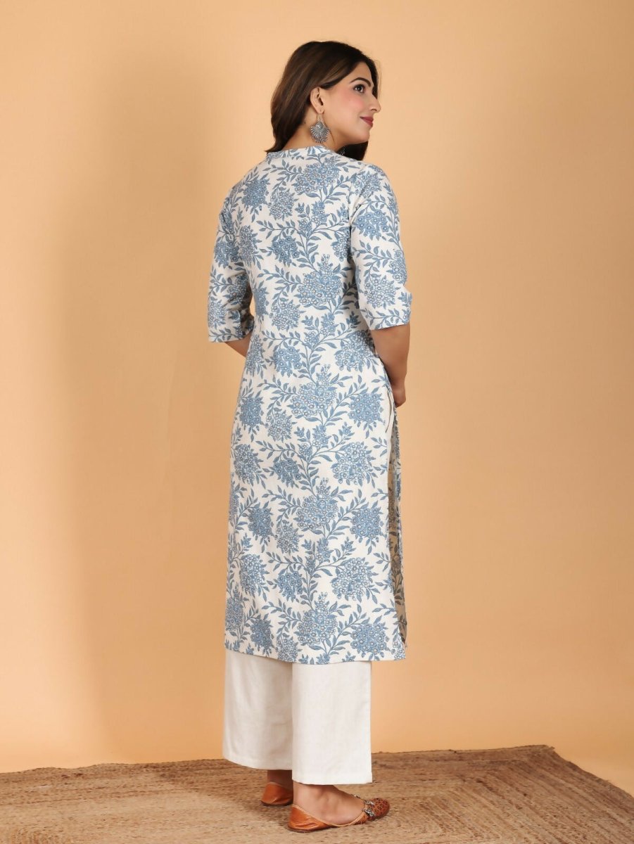 Aramya Blue Linen Cotton Floral Straight Kurta for Women | Grocsy