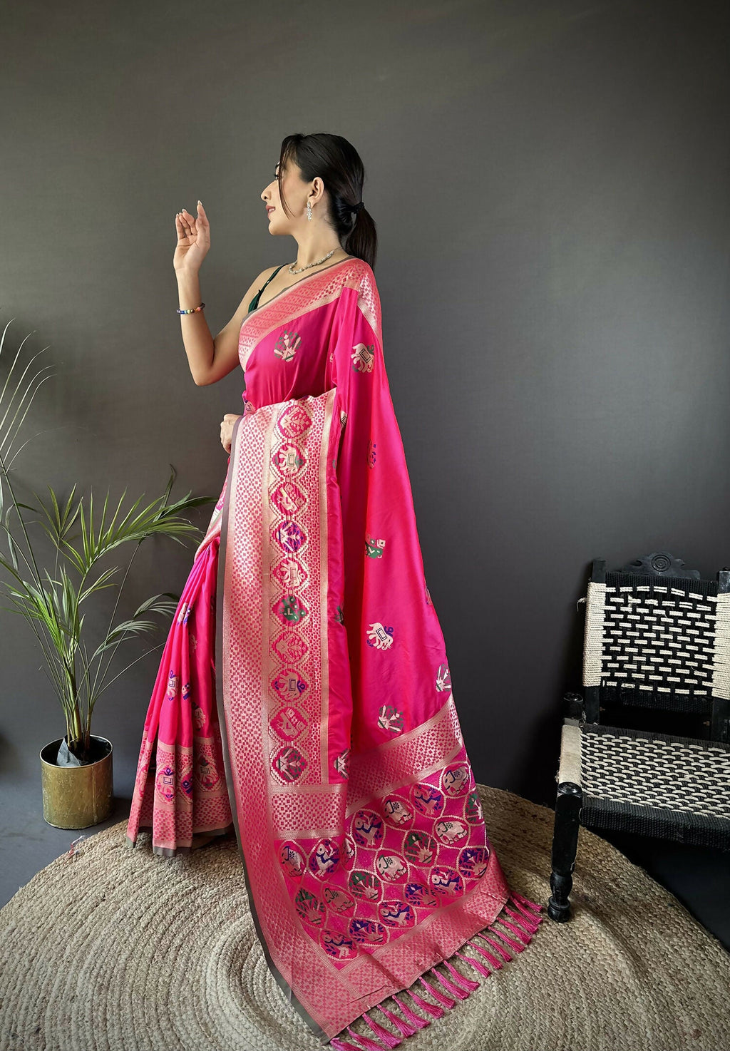Joban Fashion Rani Pink Elephant & Floral Motifs Soft Lichi Silk Banarasi Saree | Grocsy