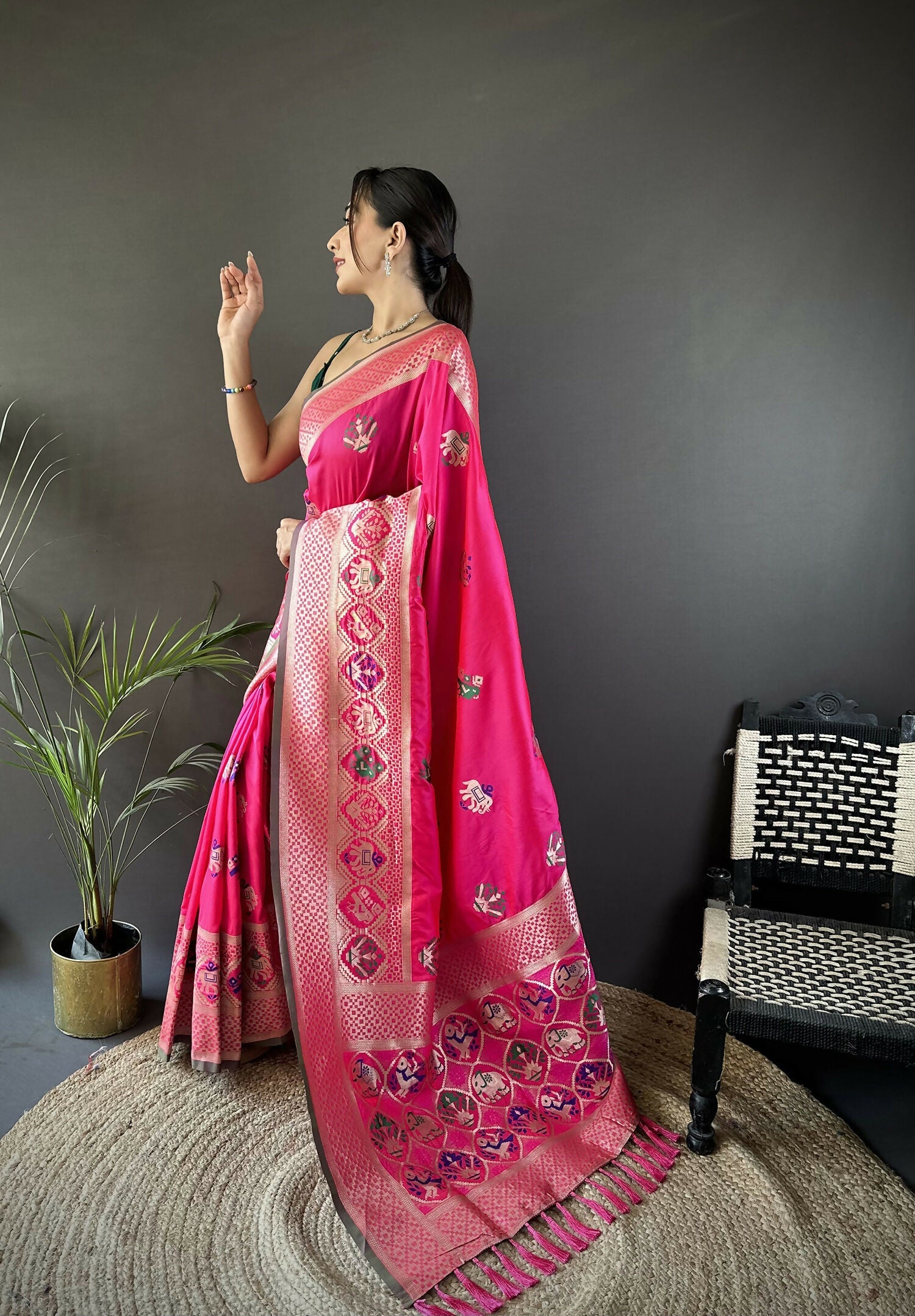 Joban Fashion Rani Pink Elephant & Floral Motifs Soft Lichi Silk Banarasi Saree | Grocsy