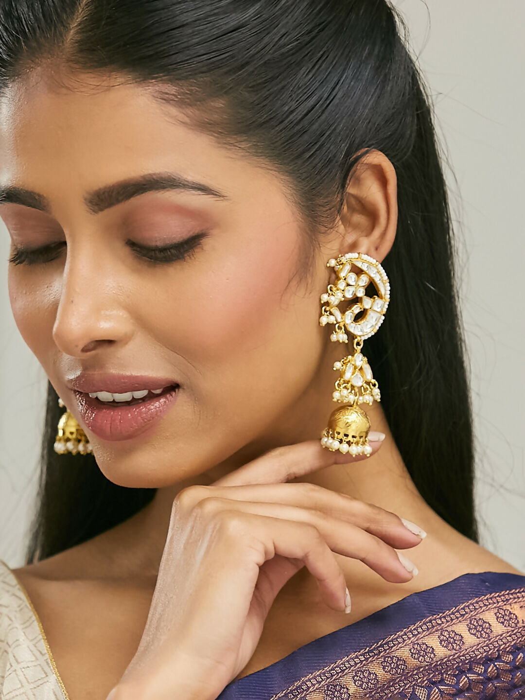 Nuyug 22K Gold-Plated Elegant Kundan Stone Studded & Pearl Drops Mini Jhumki Dangler Earrings | Grocsy
