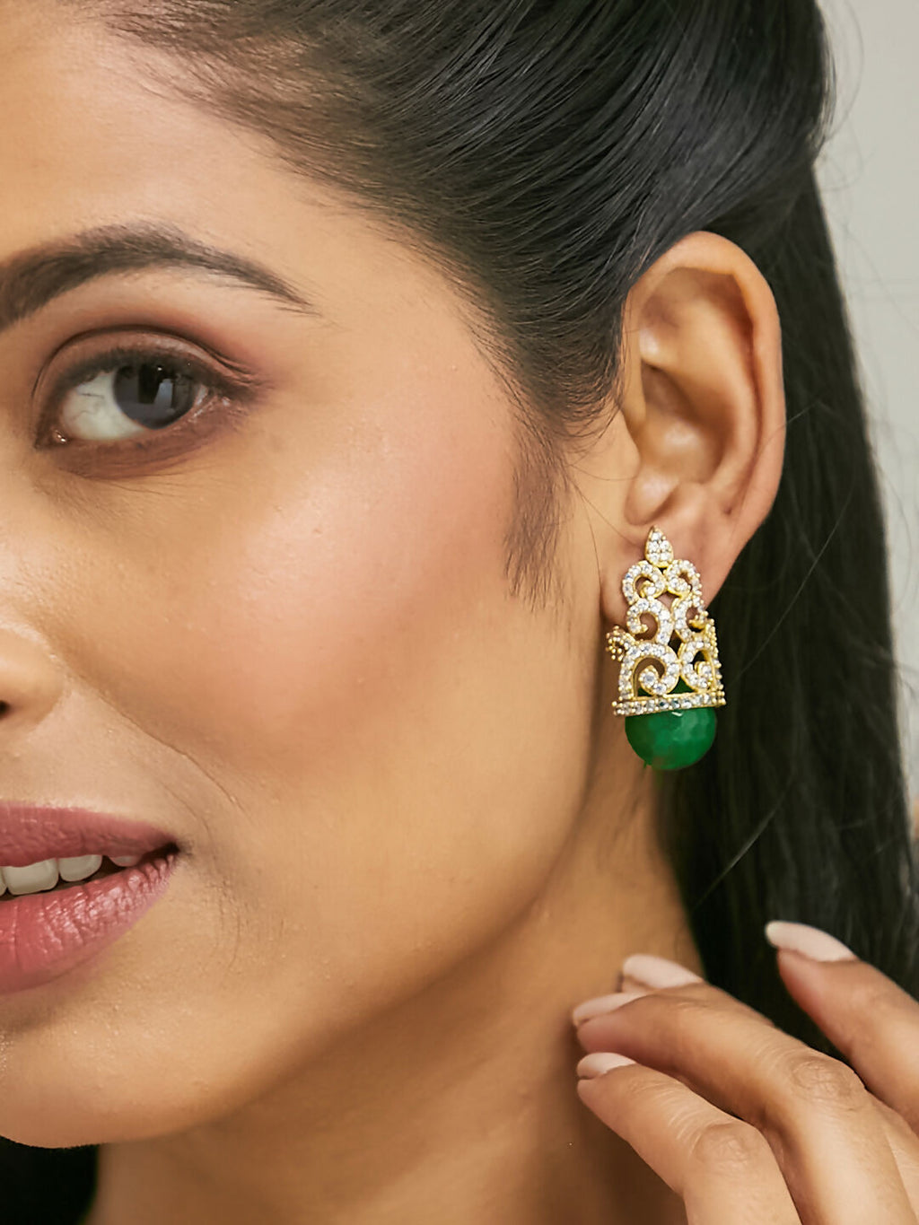 Nuyug 22K Gold-Plated Green Gemstone & Zircon Studded Contemporary Filigree Motif Studs | Grocsy