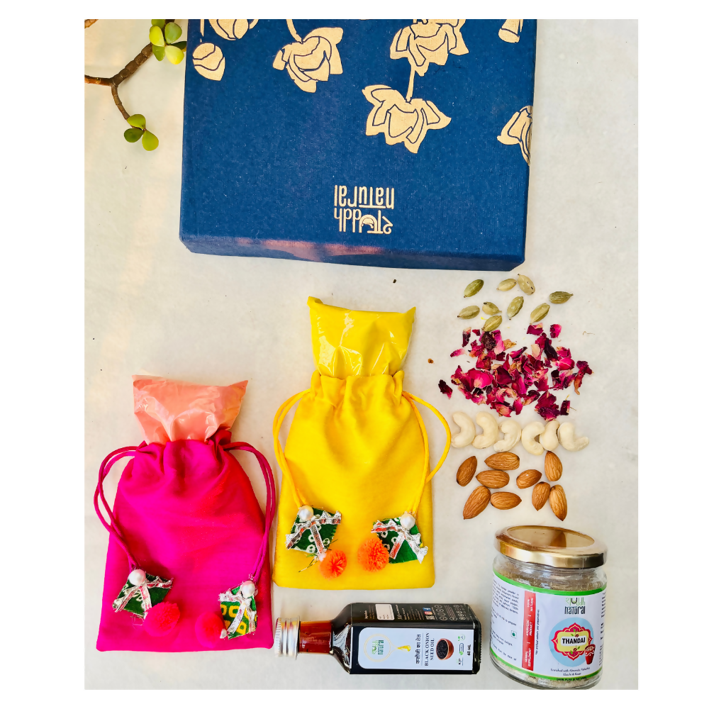 Shuddh Natural Ubtan Based Herbal Gulal, Ayurvedic Thandai Powder and Kalonji Hair Oil | Holi Gift Hamper | Grocsy