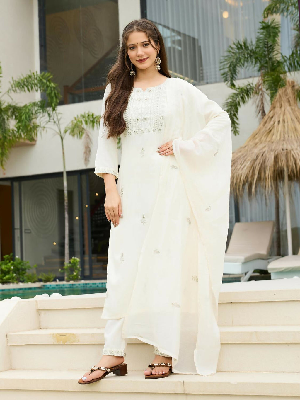 The52 White Women's Beautiful Rayon Slub Fabric Embroidered Work Straight Kurta, Pant and Dupatta Set | Grocsy