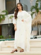 The52 White Women's Beautiful Rayon Slub Fabric Embroidered Work Straight Kurta, Pant and Dupatta Set | Grocsy