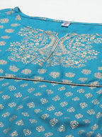 Yufta Women Teal Blue & Off-White Printed Kurta with Trouser & Dupatta | Grocsy