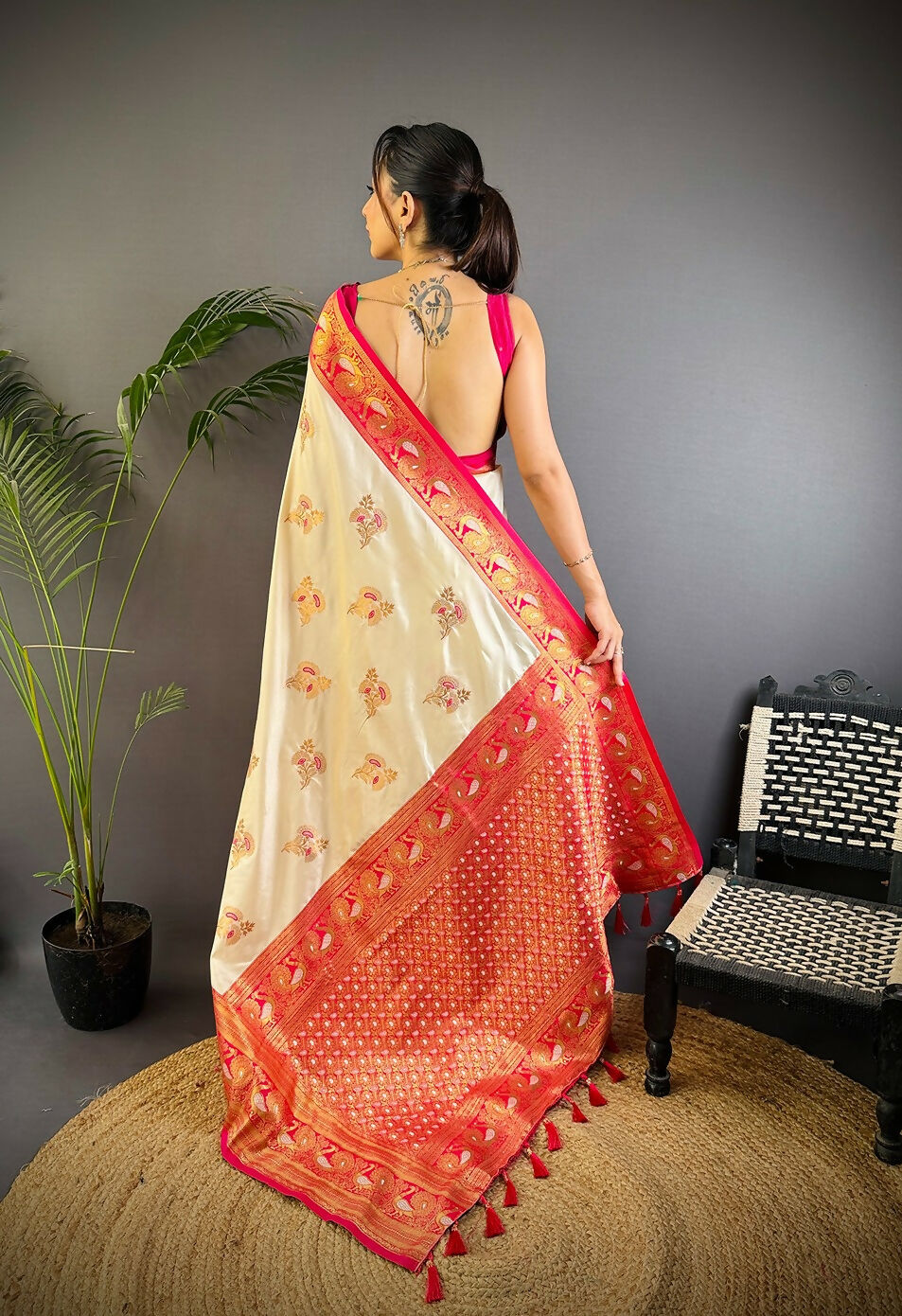 Joban Fashion Banarasi White Woven Soft Silk Saree | Grocsy