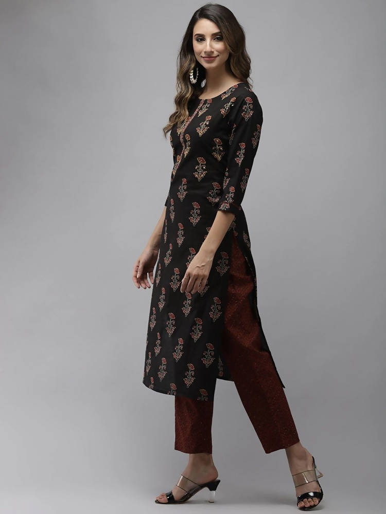Yufta Women Black & Rust Brown Ethnic Motifs Printed Kantha Work Pure Cotton Kurta Set | Grocsy