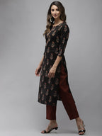 Yufta Women Black & Rust Brown Ethnic Motifs Printed Kantha Work Pure Cotton Kurta Set | Grocsy
