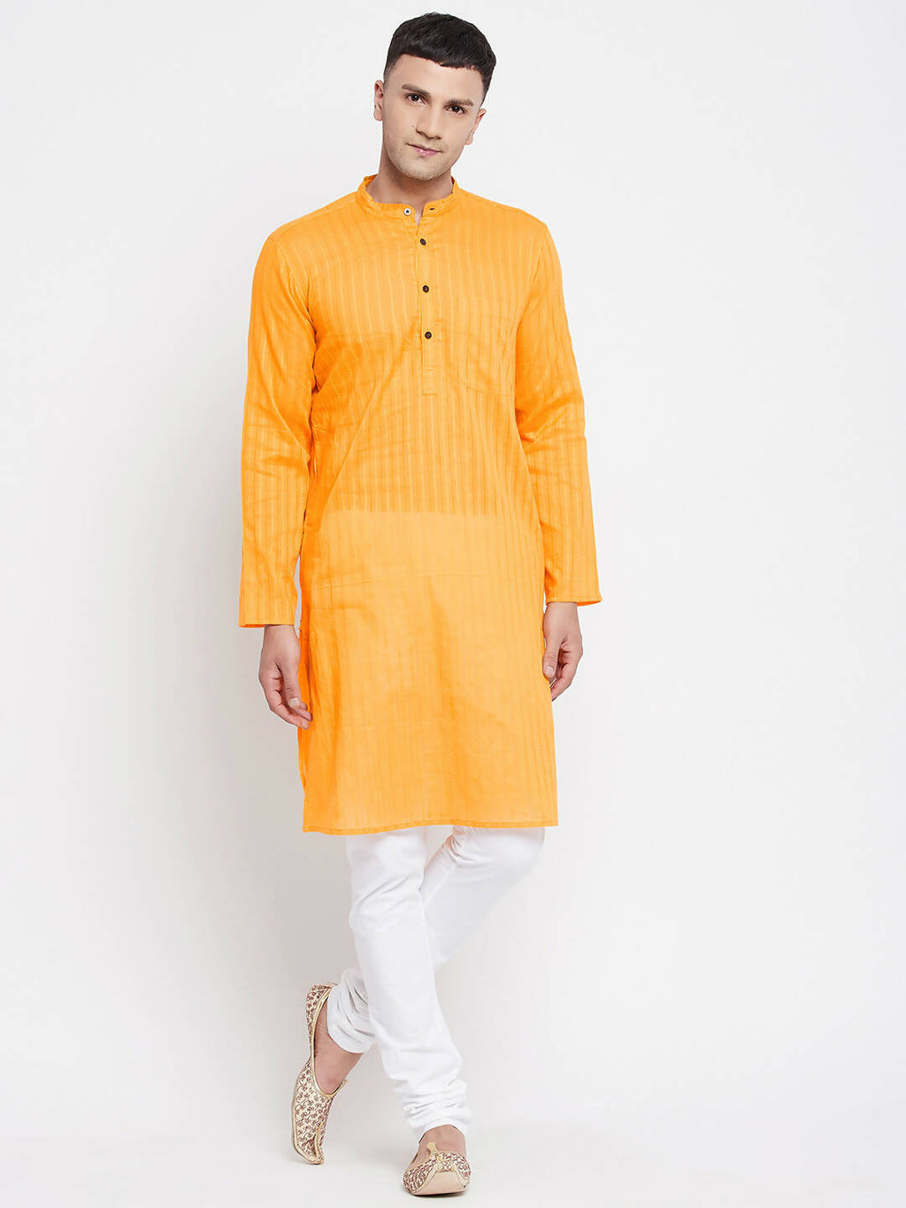 Even Apparels Men's Pure Cotton Kurta With Band Collar in Yellow Color | Grocsy