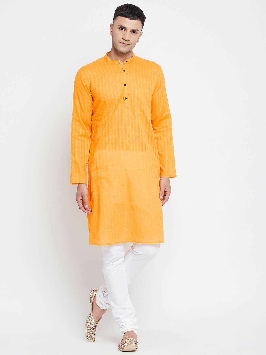 Even Apparels Men's Pure Cotton Kurta With Band Collar in Yellow Color | Grocsy