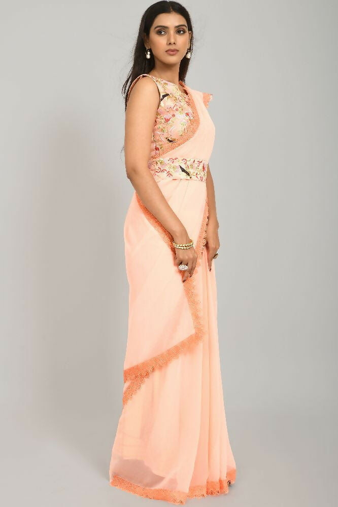 PR Fashion Peach Georgette Gpo Lace Saree | Grocsy