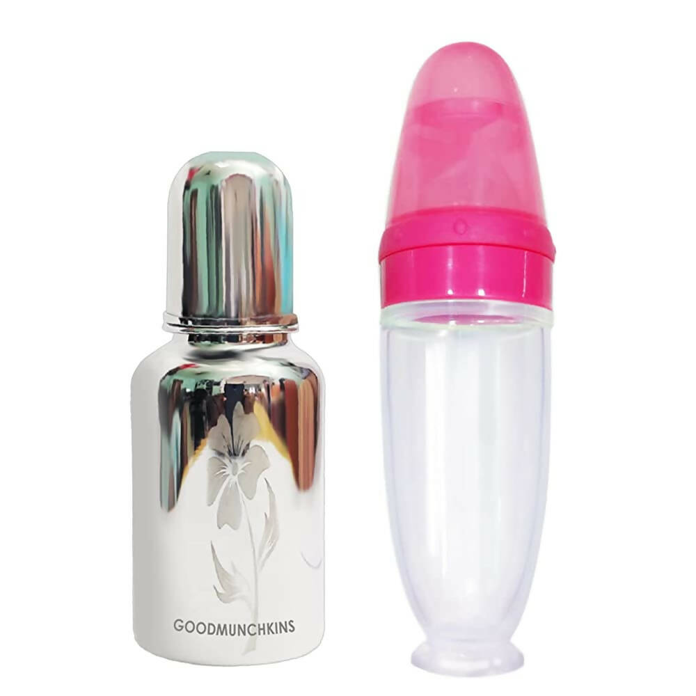 Goodmunchkins Stainless Steel Feeding Bottle With Spoon Food Feeder for Baby Anti Colic Silicon Nipple Feeder 220 ml Combo Pack-Pink | Grocsy