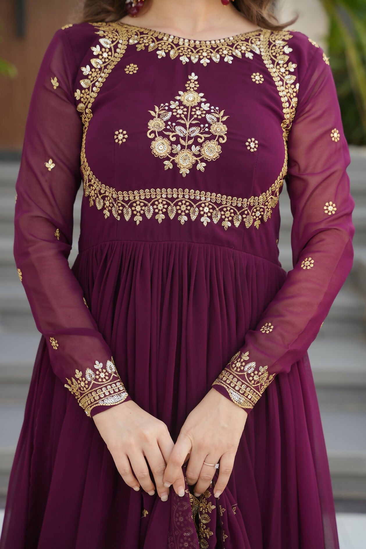 Joban Fashion Wine Georgette Sequence Embroidery Work Kurta Set | Grocsy