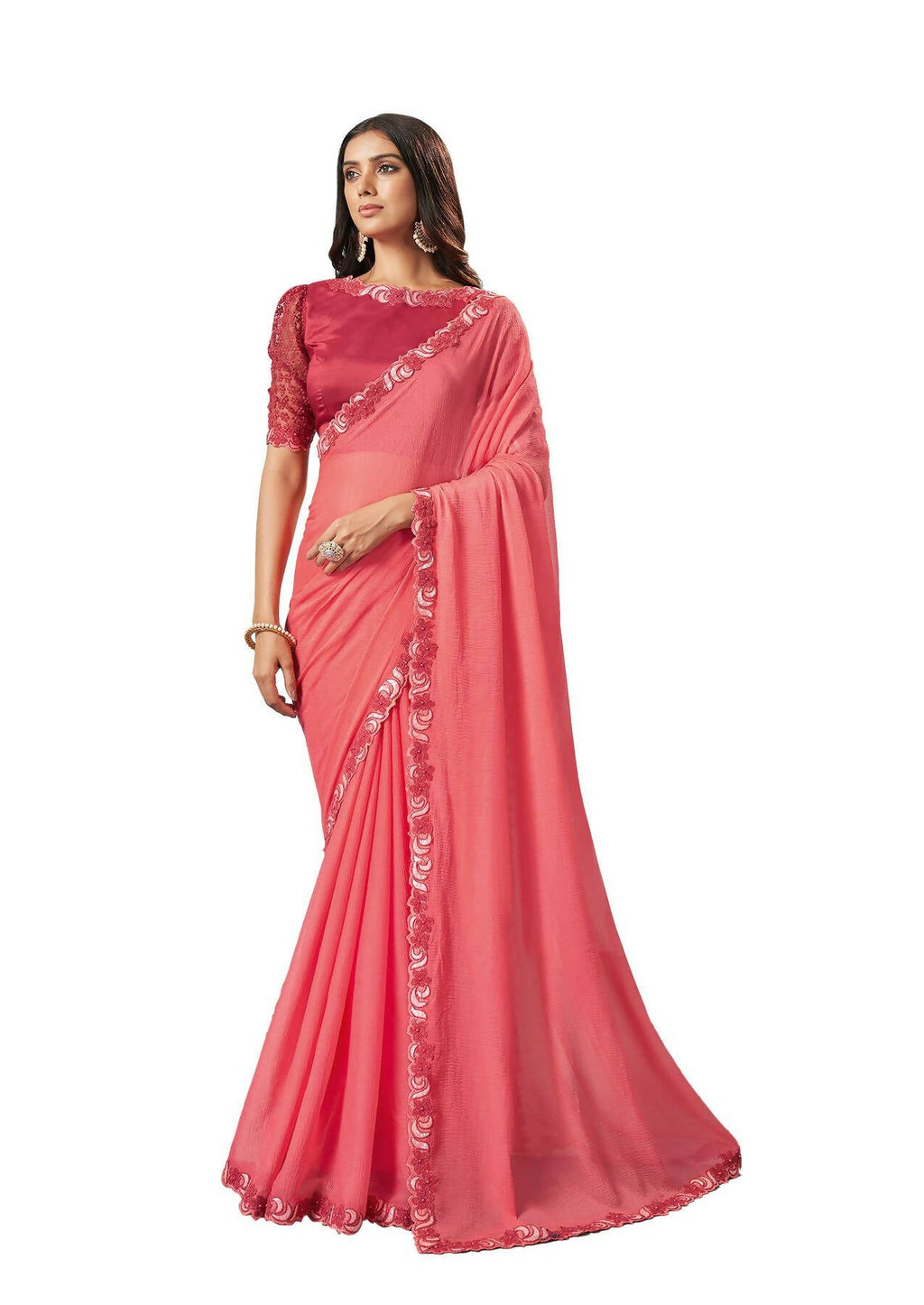 Peach Barbarie Chiffon Solid Saree With Unstitched Blouse Piece - Norita Ikshita | Grocsy