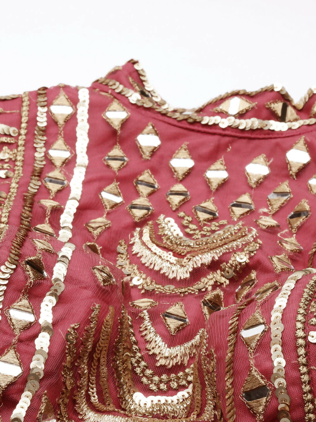 House of Panchhi Women Rosegold Net Embroidered Mirror Lehenga & Blouse with Dupatta | Grocsy