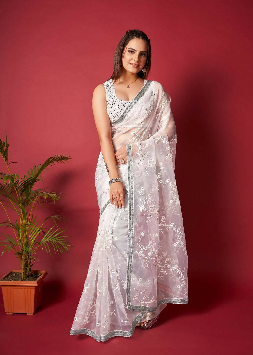 Vamsee White Organza Saree | Grocsy