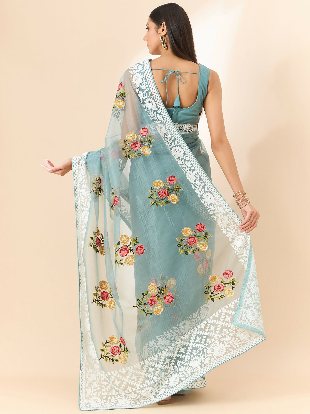 Blue Organza Floral Embroidered Saree with Unstitched Blouse Piece - Roozal | Grocsy