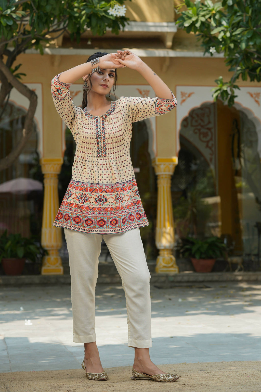Juniper Women's Beige Rayon Printed Embroidered Tunic | Grocsy