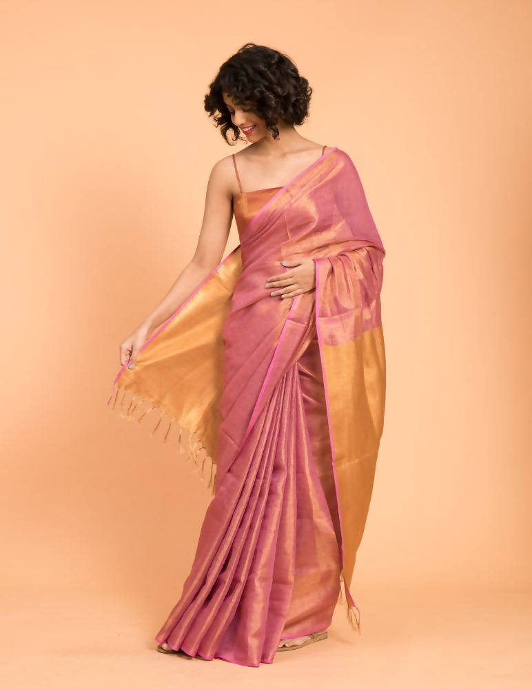 Suta Pink Golden Solid Woven Design Zari Saree | Grocsy