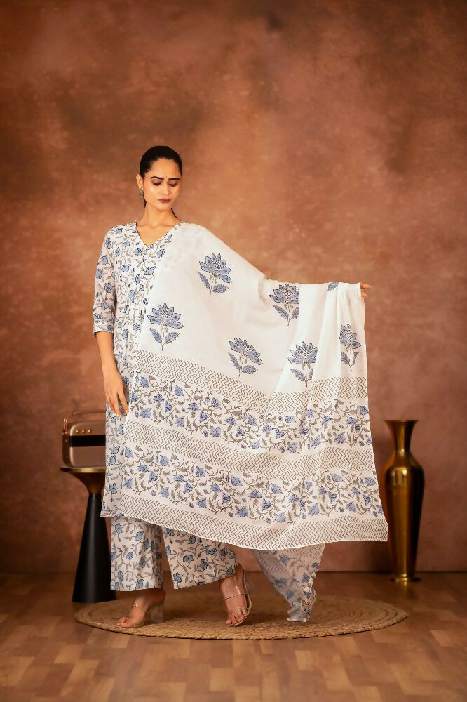 Joban Fashion Blue Hand Block Printed Cotton Suit Set | Grocsy
