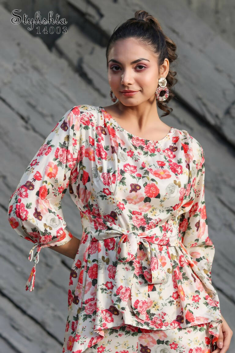 Women's Partywear Designer White & Multi Muslin co-ord set - Stylishta | Grocsy