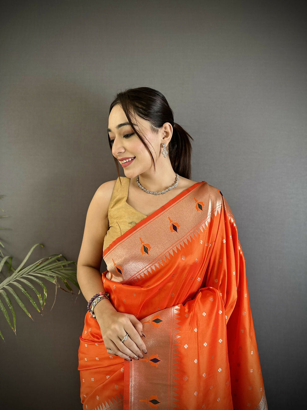 Joban Fashion Orange Peacock & Floral Motifs Soft Lichi Silk Kanchipuram Saree | Grocsy
