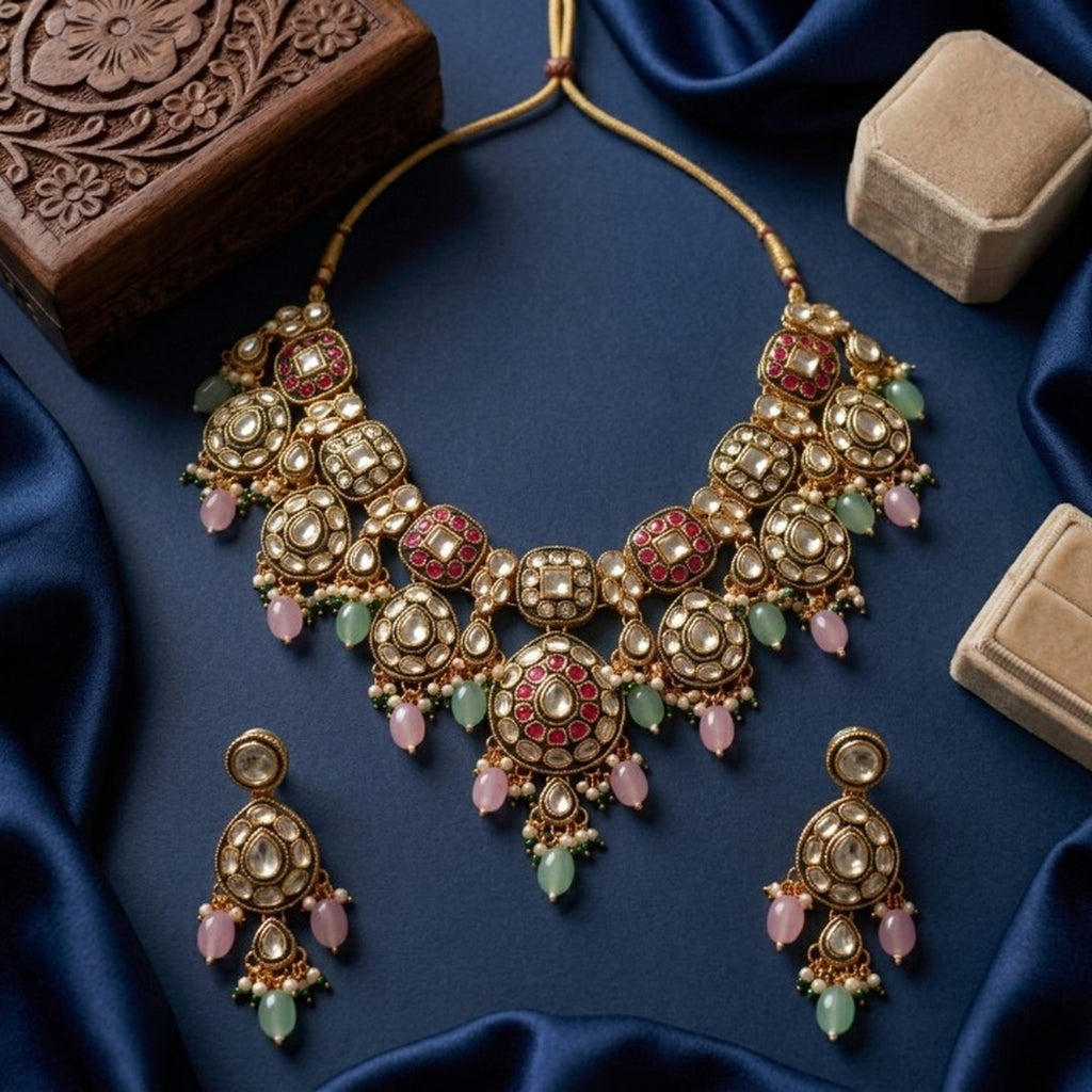 Jewel City Gold Plated Kundan Necklace Set With Pastel Pink And Mint Green Beads For Indian Bridal Weddings | Grocsy