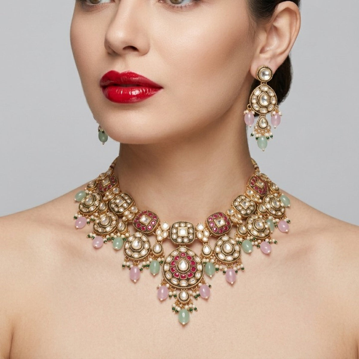 Jewel City Gold Plated Kundan Necklace Set With Pastel Pink And Mint Green Beads For Indian Bridal Weddings | Grocsy