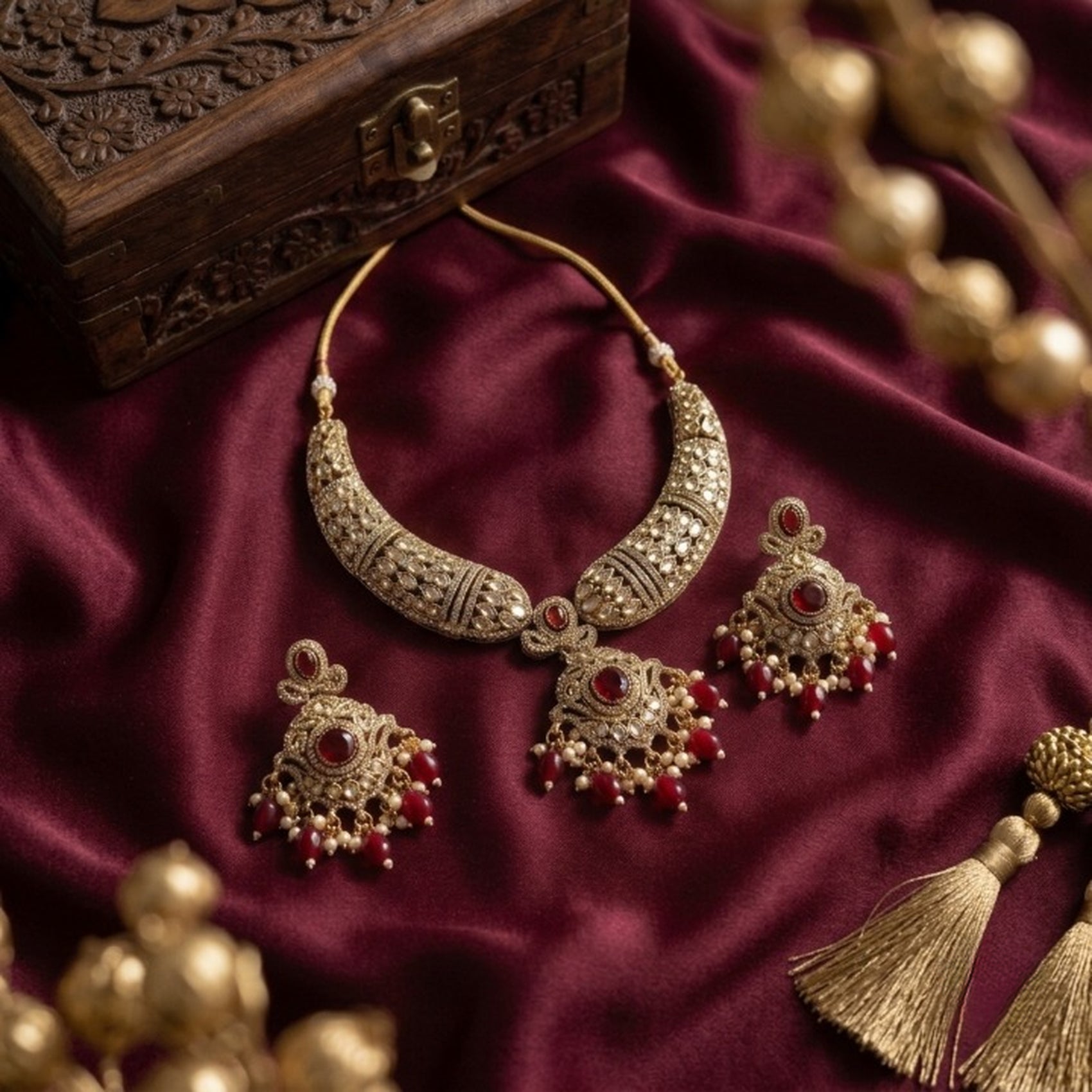Jewel City Gold Plated Kundan Choker Set with Ruby Red Stones for Indian Wedding Bridal Wear | Grocsy