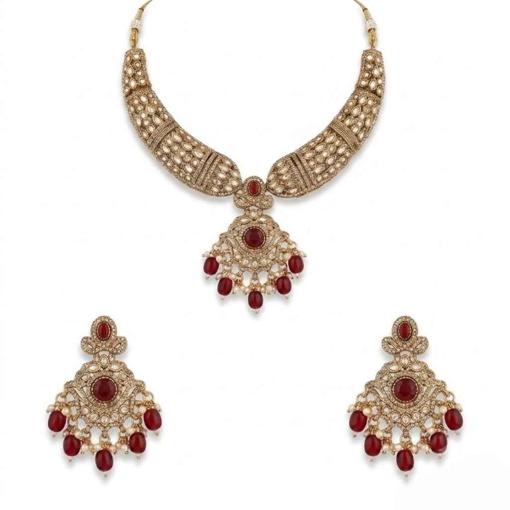 Jewel City Gold Plated Kundan Choker Set with Ruby Red Stones for Indian Wedding Bridal Wear | Grocsy