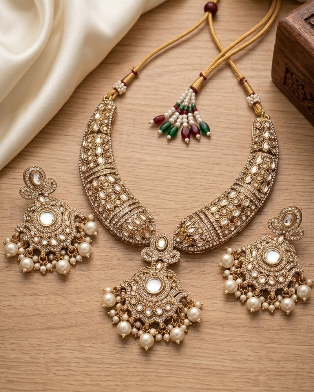 Jewel City Gold Kundan Necklace Set With Pearl Drop Earrings For Bridal Weddings | Grocsy