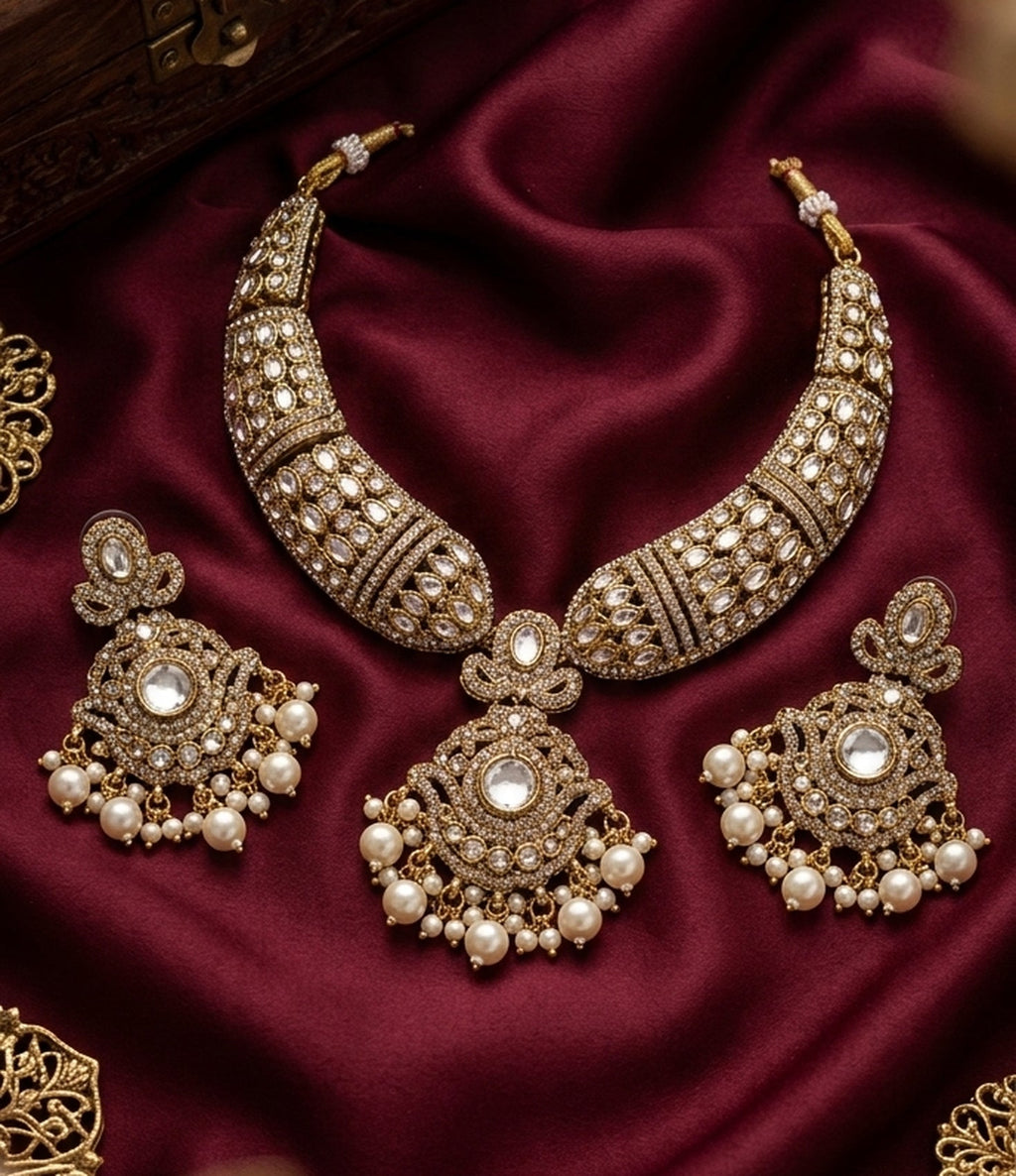 Jewel City Gold Kundan Necklace Set With Pearl Drop Earrings For Bridal Weddings | Grocsy