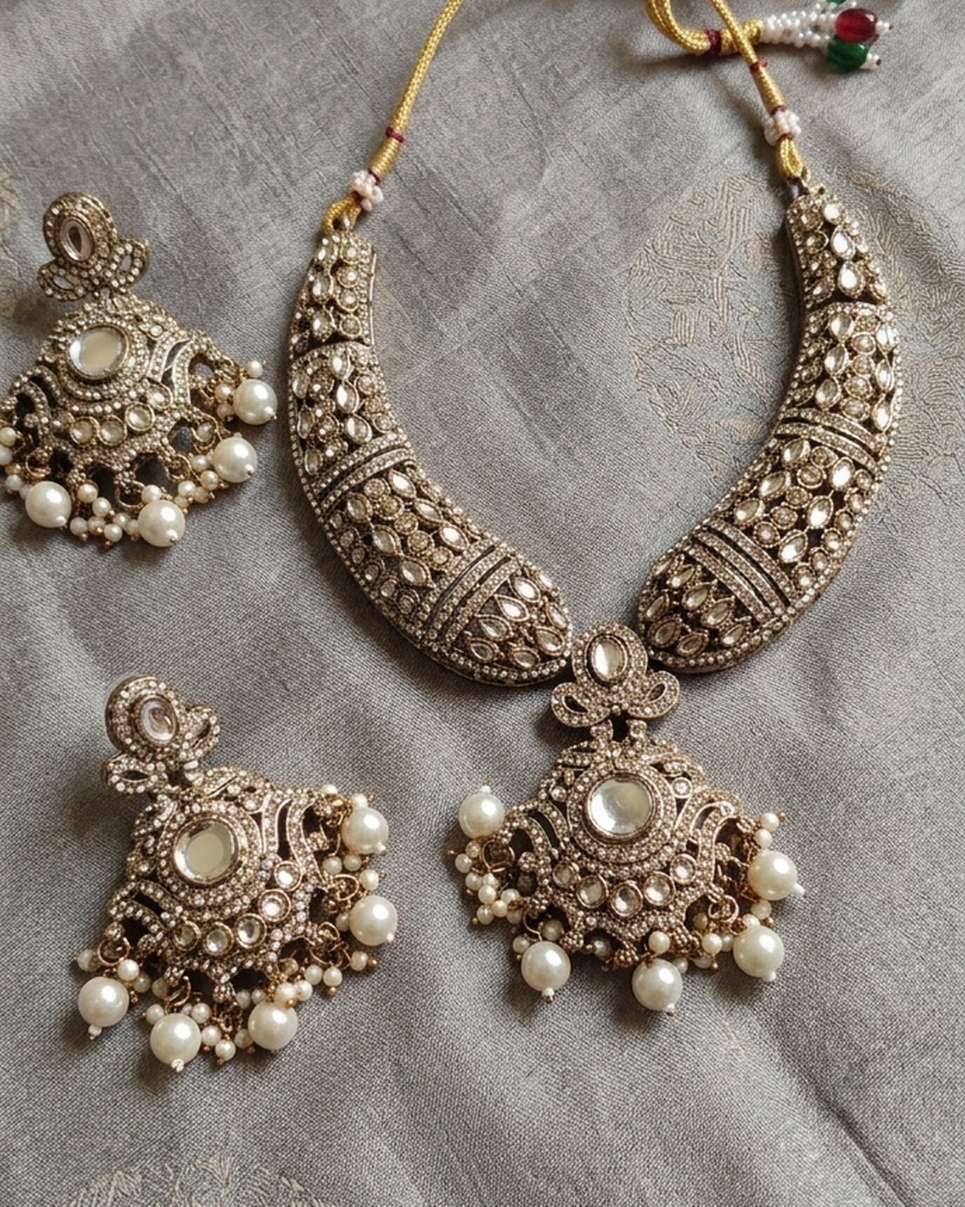 Jewel City Gold Kundan Necklace Set With Pearl Drop Earrings For Bridal Weddings | Grocsy