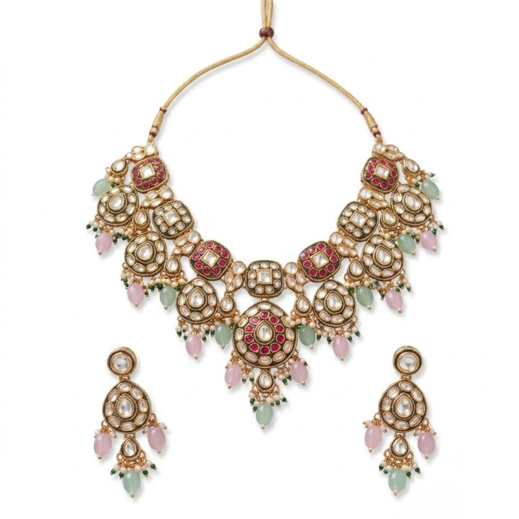 Jewel City Gold Plated Kundan Necklace Set With Pastel Pink And Mint Green Beads For Indian Bridal Weddings | Grocsy