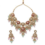 Jewel City Gold Plated Kundan Necklace Set With Pastel Pink And Mint Green Beads For Indian Bridal Weddings | Grocsy
