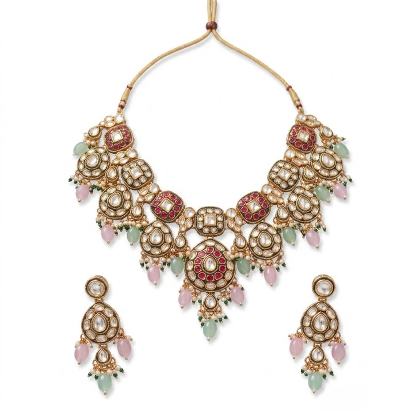 Jewel City Gold Plated Kundan Necklace Set With Pastel Pink And Mint Green Beads For Indian Bridal Weddings | Grocsy