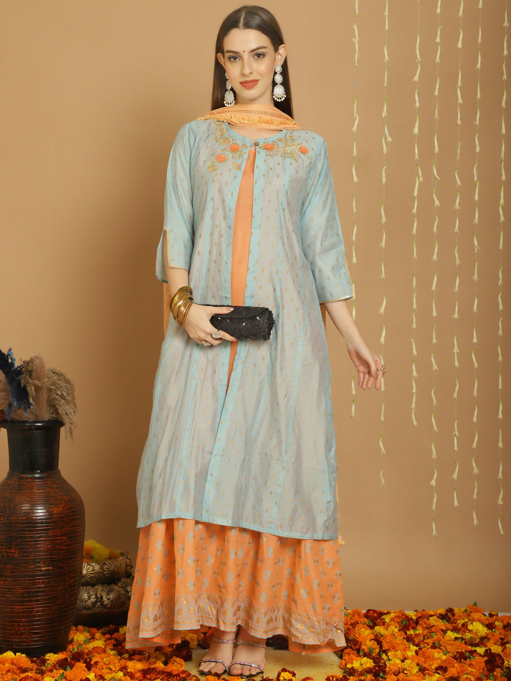 Jyoti Fashion Women's Turquoise Chanderi Silk Elegant Jardoshi Kurta with Trouser & Dupatta | Grocsy