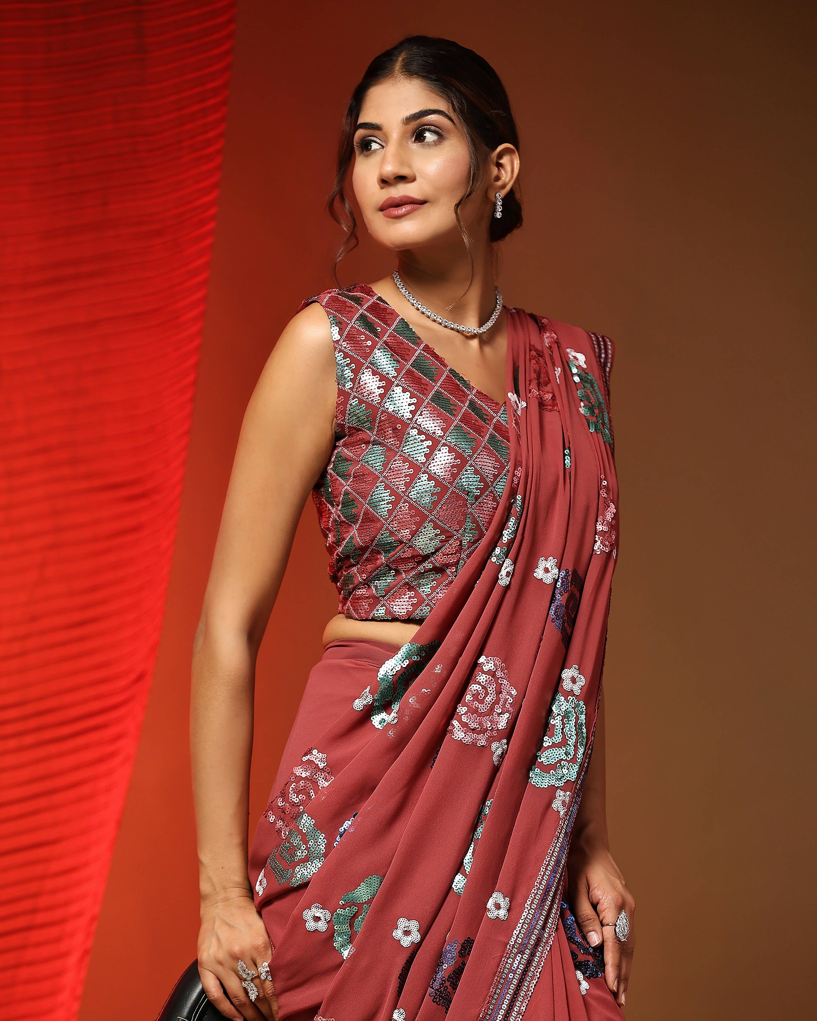 Peach Pure Georgette Sequence work Ready to wear Saree with stitched Blouse - Nirvana | Grocsy