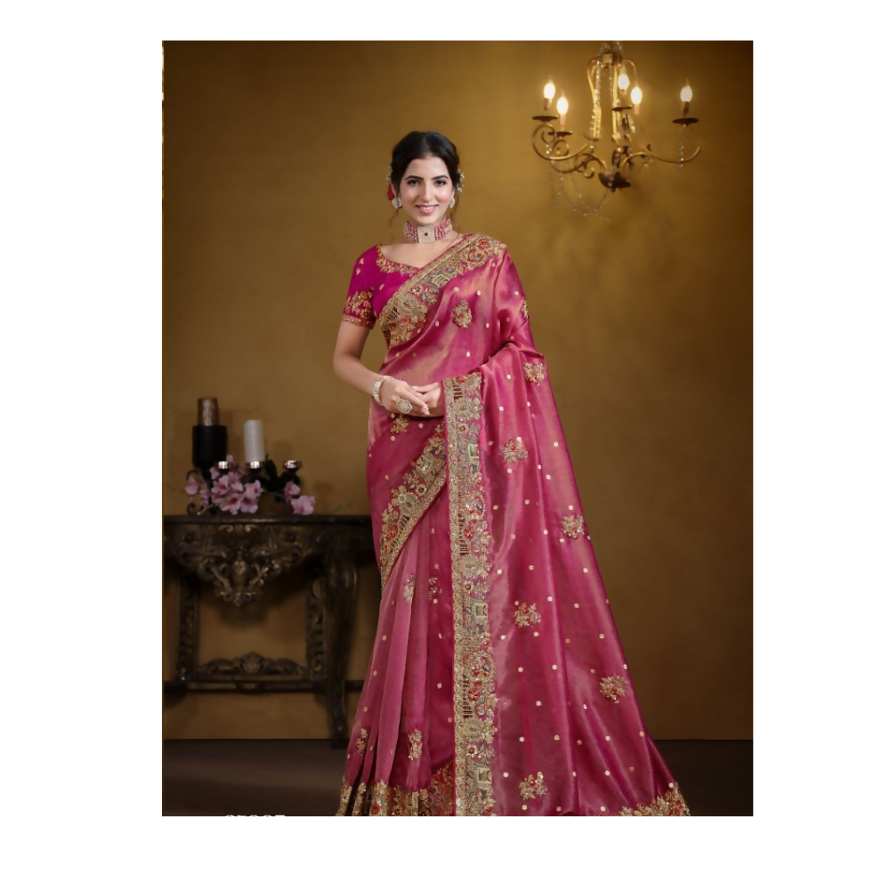 Rani Zari Organza Silk Pure Khatli work Designer Saree With Blouse. - Rajasvi | Grocsy
