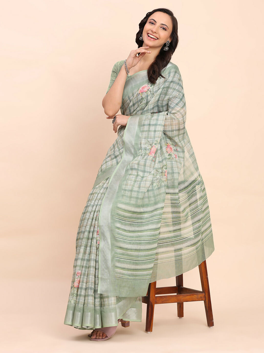 Shree Shyam Fashion Linen Cotton Light Green Saree | Grocsy