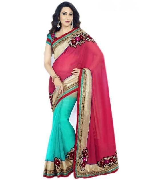 Vamika Karishma Kapoor Peach & Cyan designer saree | Grocsy