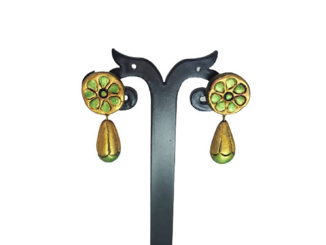 Terracotta Round Earstuds With Drops-Copper And Green | Grocsy