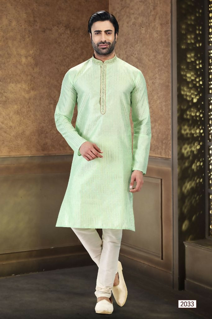 Raivat Ethnic Jacquard Art Silk Thread Work Kurta Pajama In Pista Green Colour | Grocsy